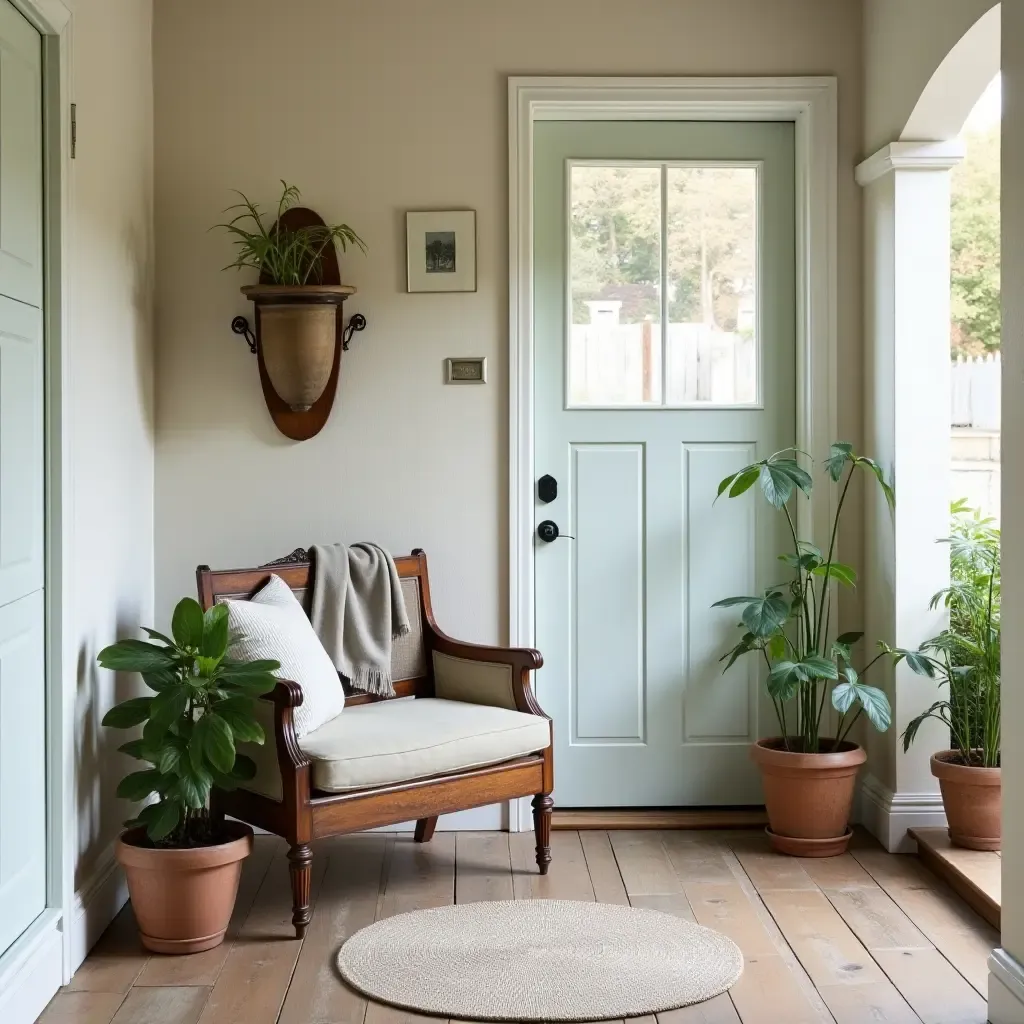 a photo of a charming entryway with a vintage bench and potted plants