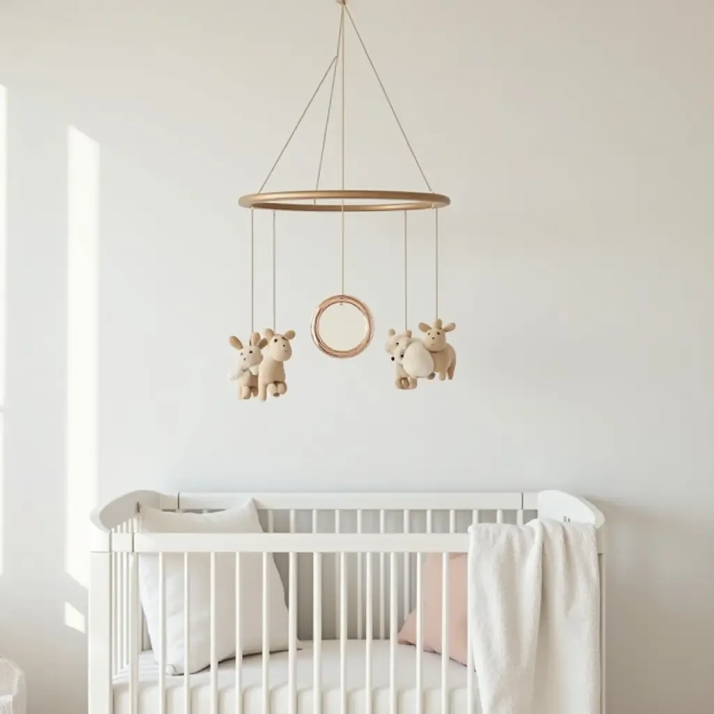 a photo of a nursery with a mirrored mobile hanging from the ceiling