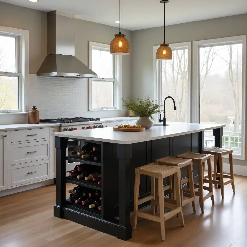 a photo of a multifunctional kitchen island with a built-in wine rack and seating