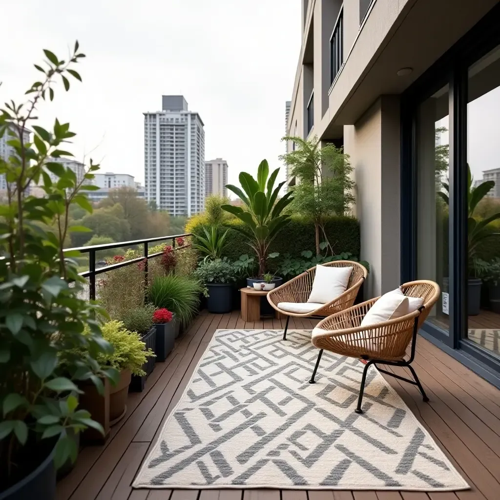 a photo of a balcony with a stylish outdoor rug and potted plants