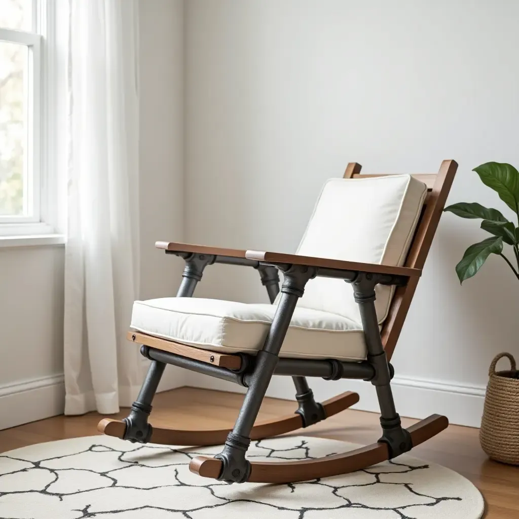 a photo of a rocking chair made from industrial pipes in a nursery