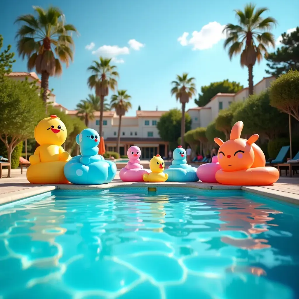 a photo of a fun and vibrant pool area with colorful inflatable toys