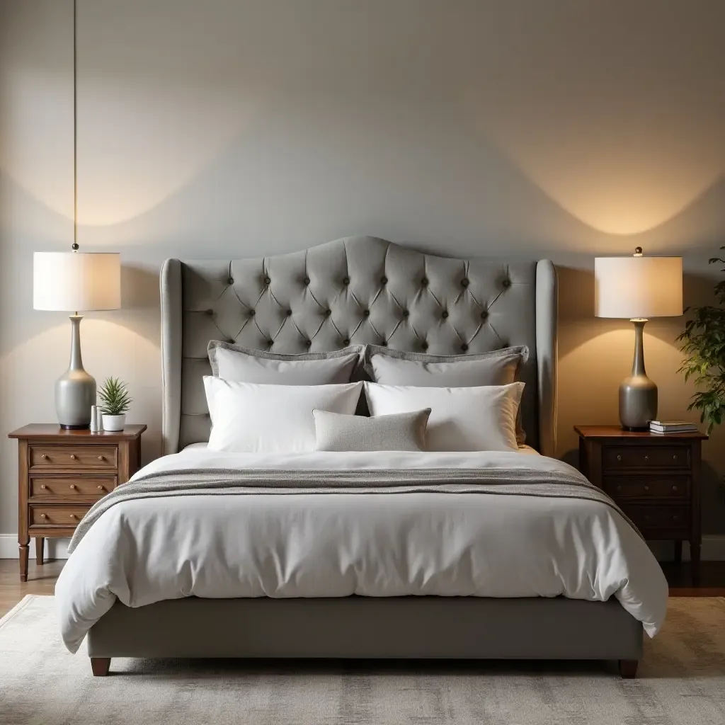 a photo of a grey headboard paired with a vintage nightstand and warm lighting