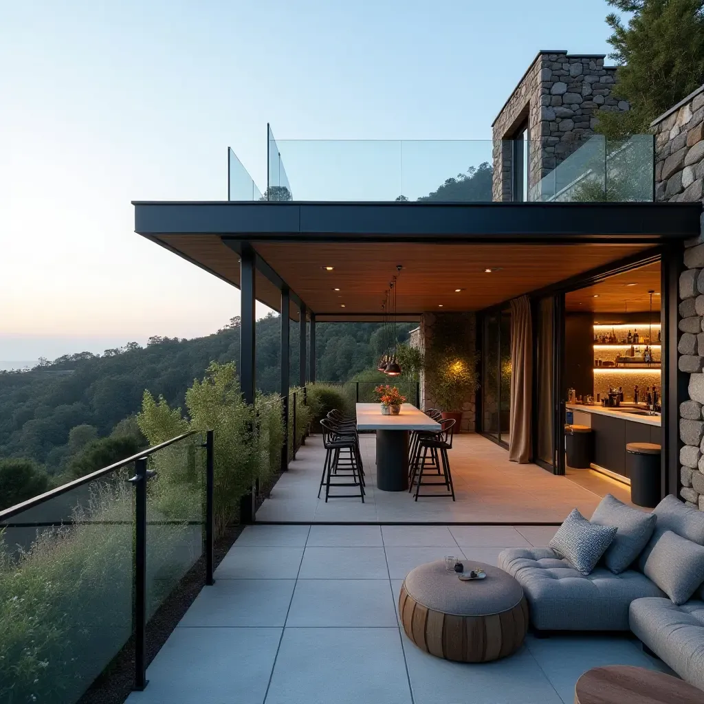 a photo of a glass balcony with a chic outdoor bar for entertaining and privacy