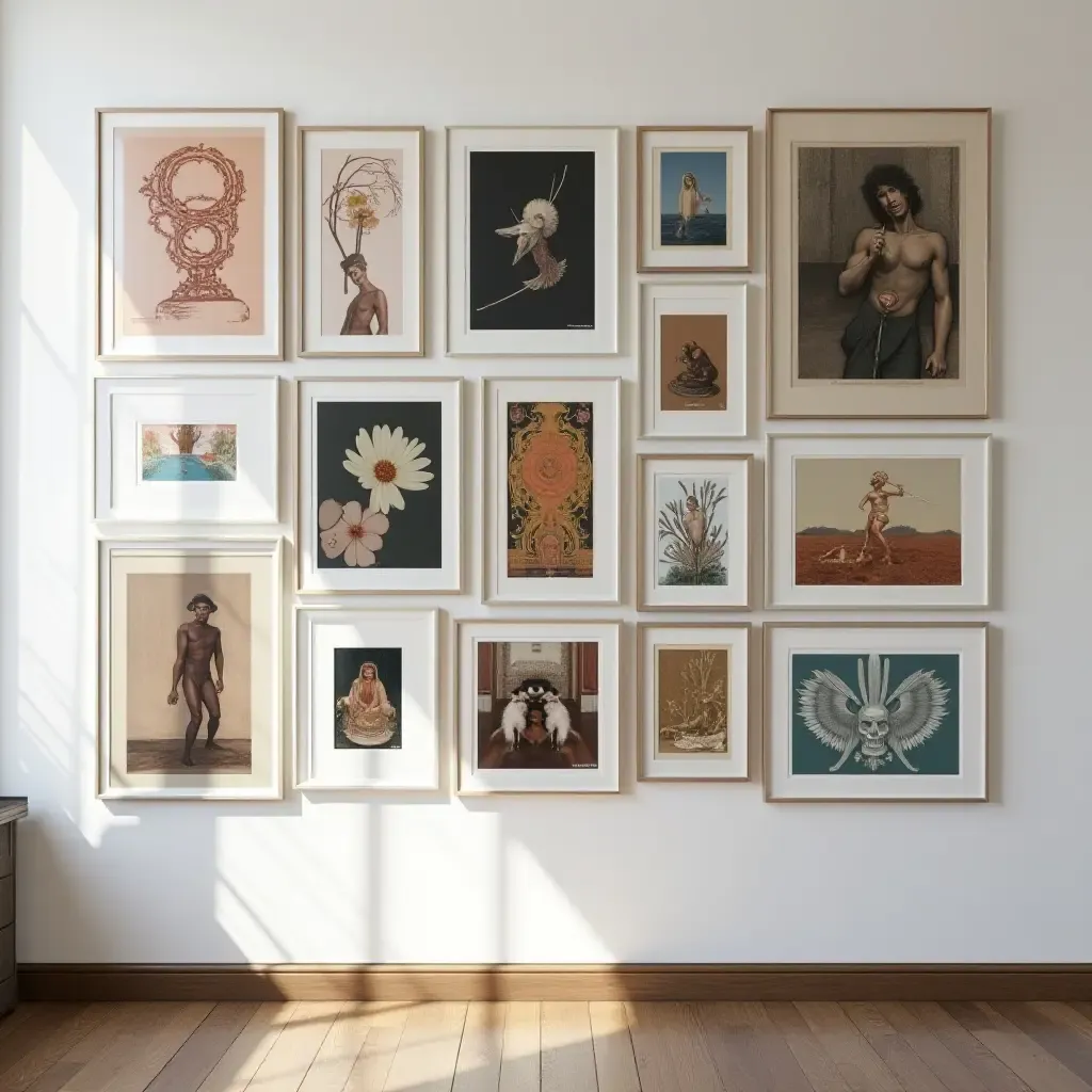 a photo of an eclectic mix of artwork on a gallery wall