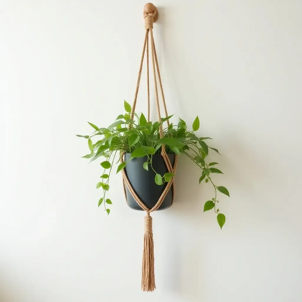 a photo of a stylish wall-mounted plant holder with macrame accents