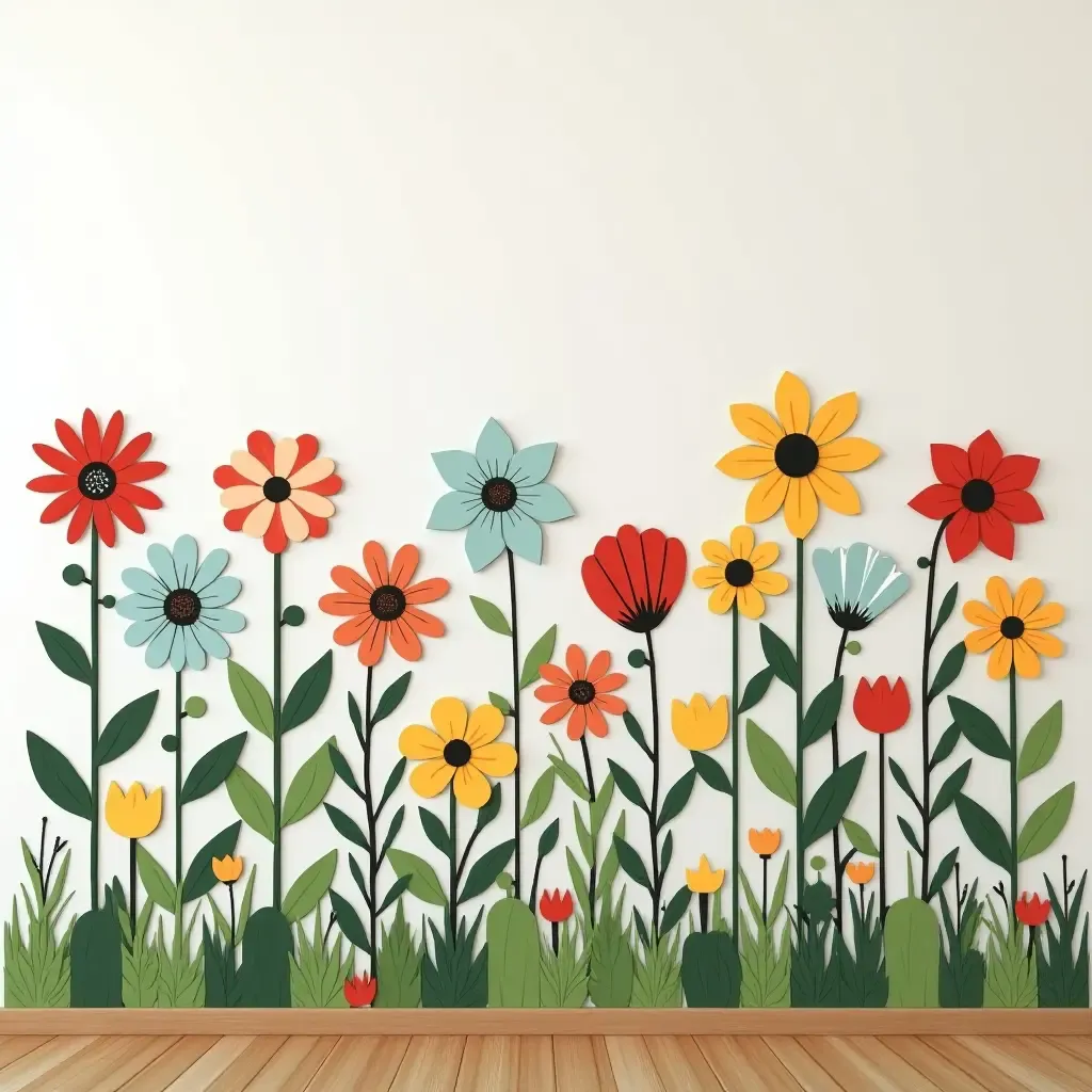 a photo of a colorful flower garden wall art for kids