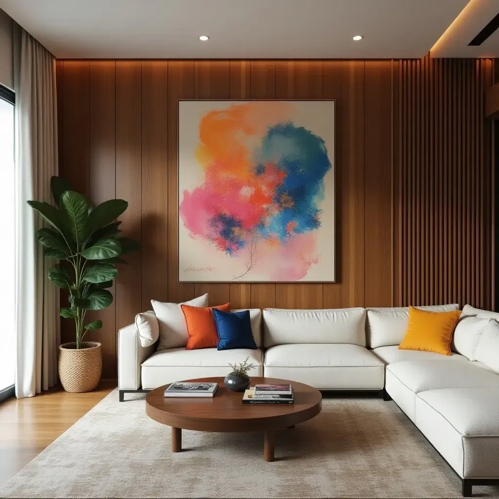 a photo of a living room with a wooden accent wall and vibrant artwork