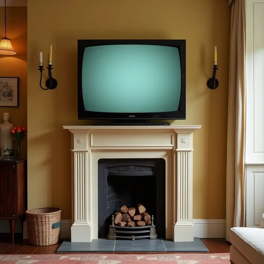 a photo of a vintage-inspired room with a retro TV above a classic fireplace mantel