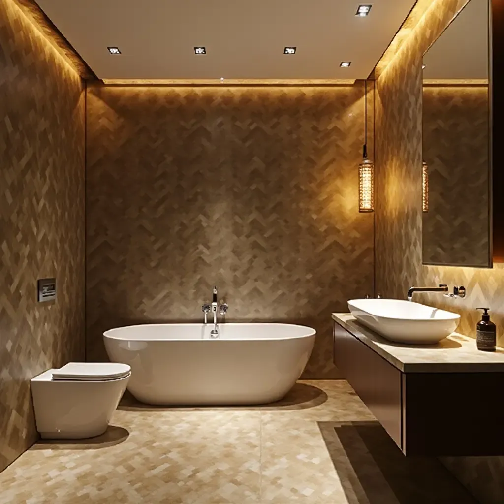 a photo of a sophisticated bathroom with metallic tiles and ambient lighting