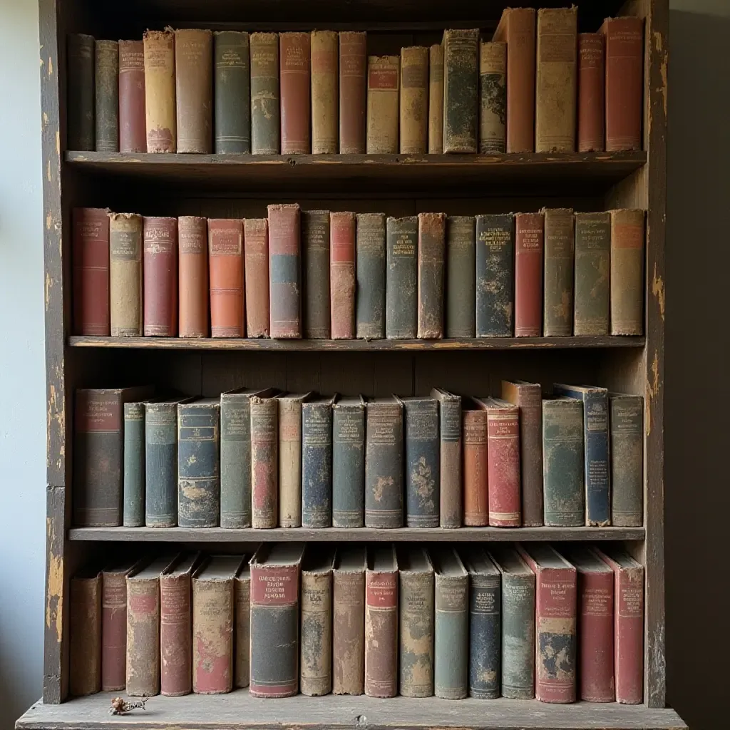 a photo of a vintage ladder bookshelf filled with colorful, worn-out books