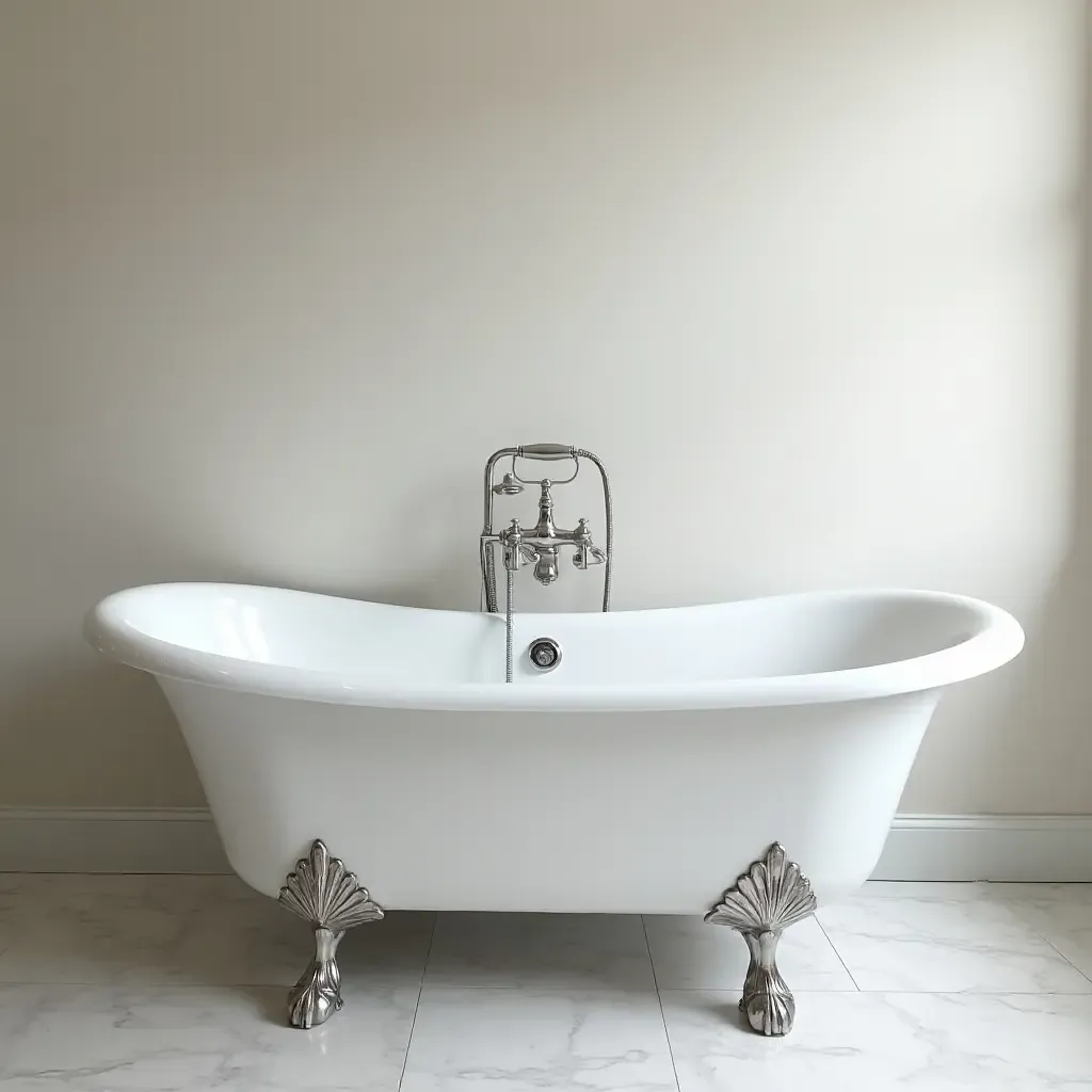 a photo of a bathroom with a vintage-style bathtub and sleek modern faucets