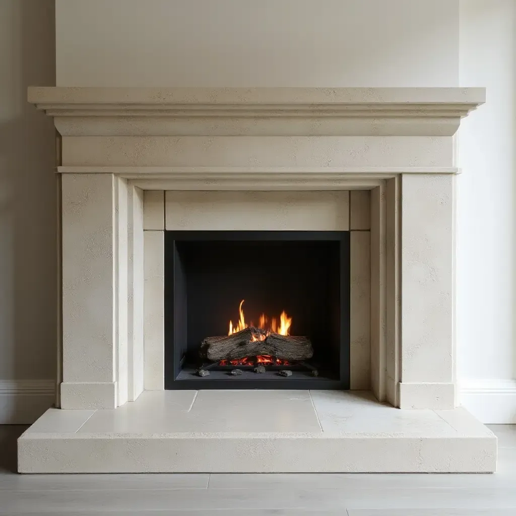 a photo of a minimalist fireplace with a stone surround and metal accents