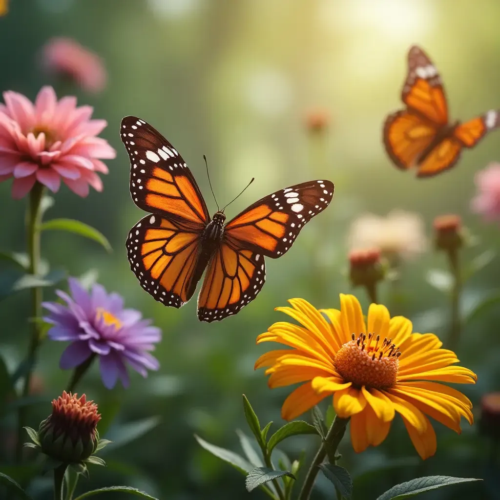 a photo of a lovely butterfly garden with colorful butterflies