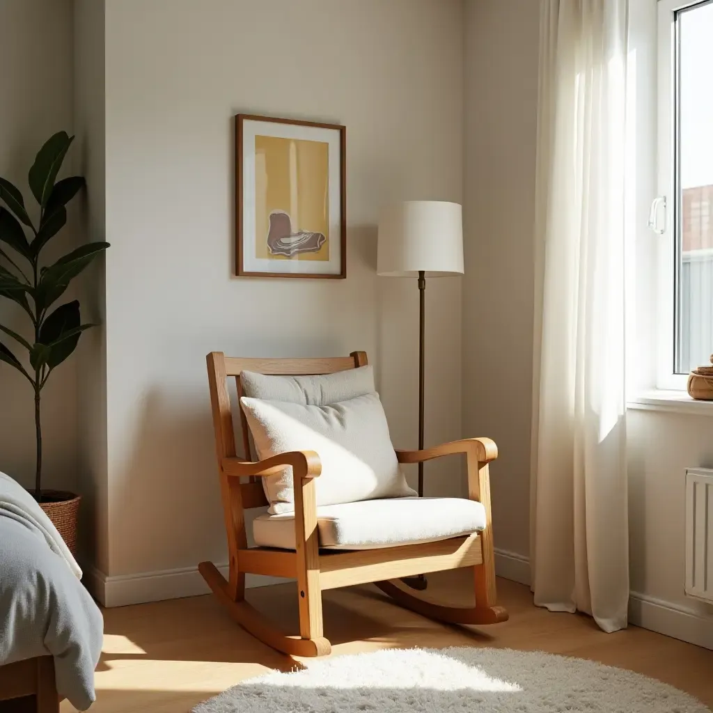 a photo of a wooden rocking chair in a teen&#x27;s cozy bedroom corner