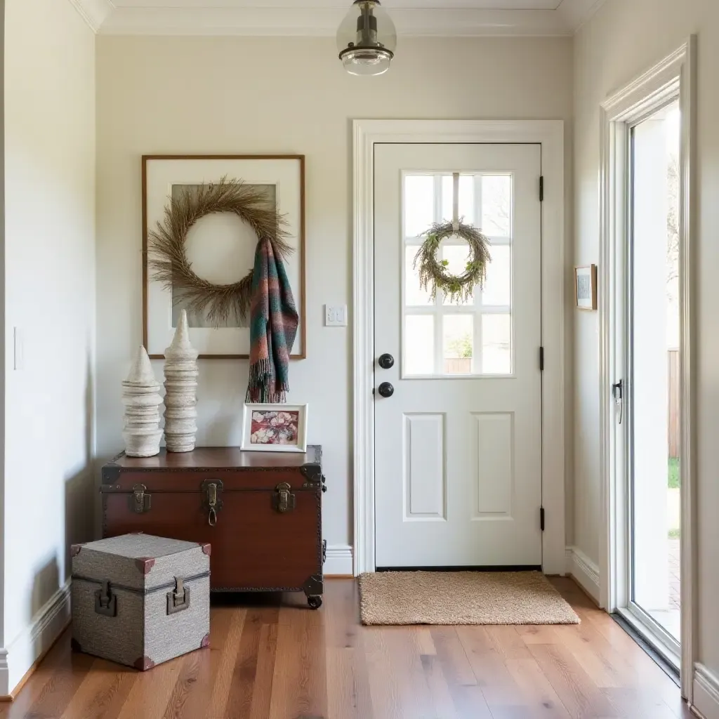 a photo of a charming entryway featuring a vintage trunk and seasonal decor