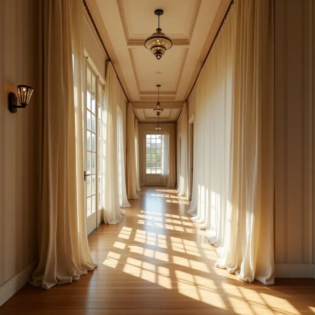 a photo of a welcoming corridor with soft fabric drapes, warm wood floors, and metal fixtures