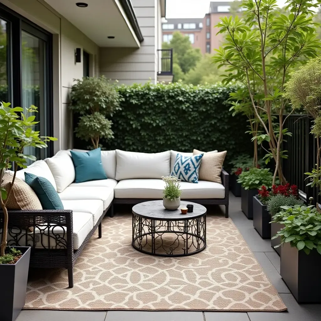 a photo of a balcony garden with a stylish outdoor rug and cushions