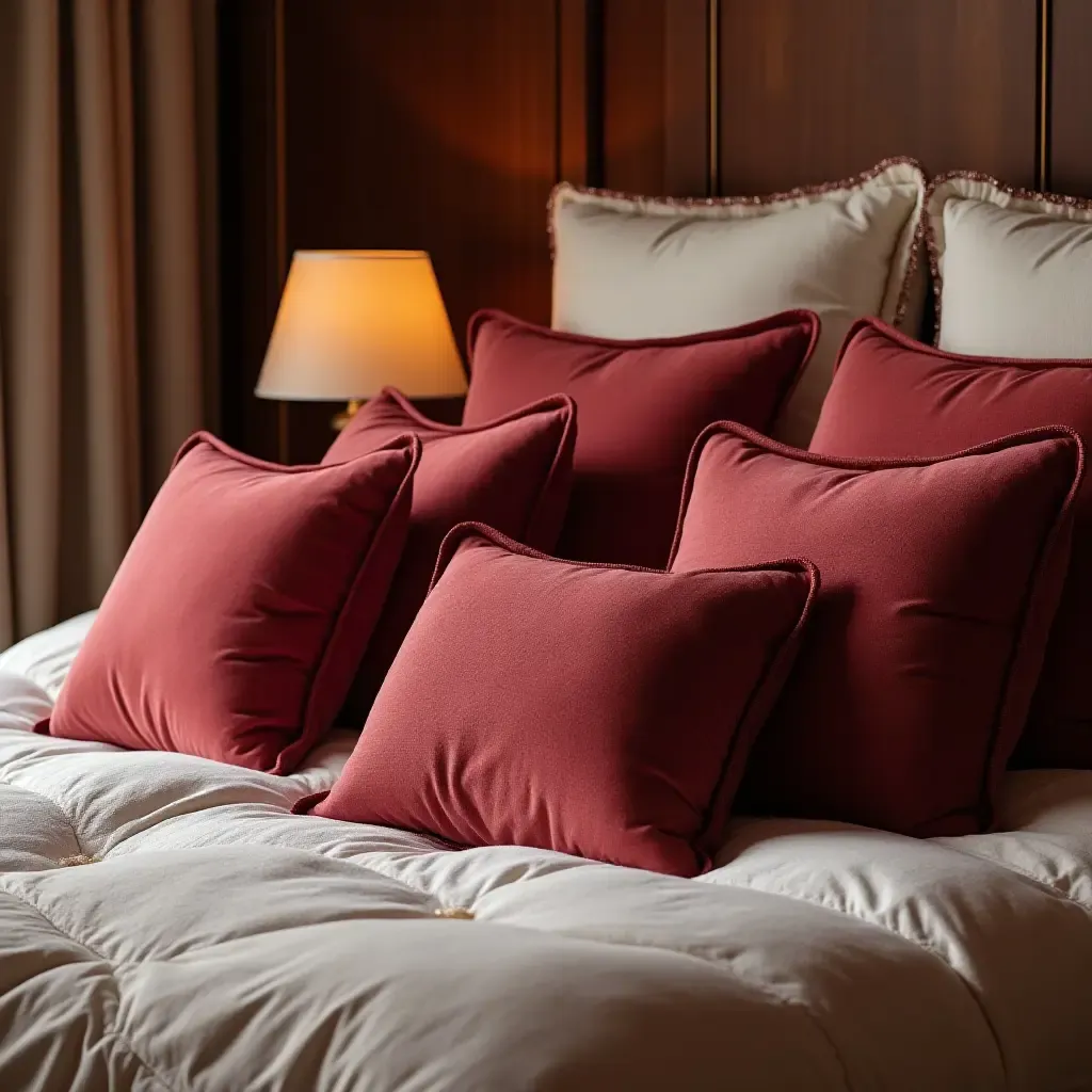 a photo of a luxurious bedroom with velvet throw pillows