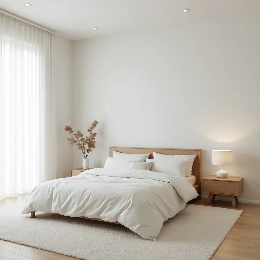 a photo of a serene minimalist bedroom with a large rug and simple furniture layout