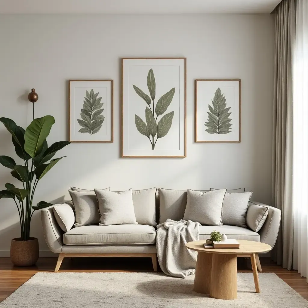 a photo of a living room adorned with botanical prints