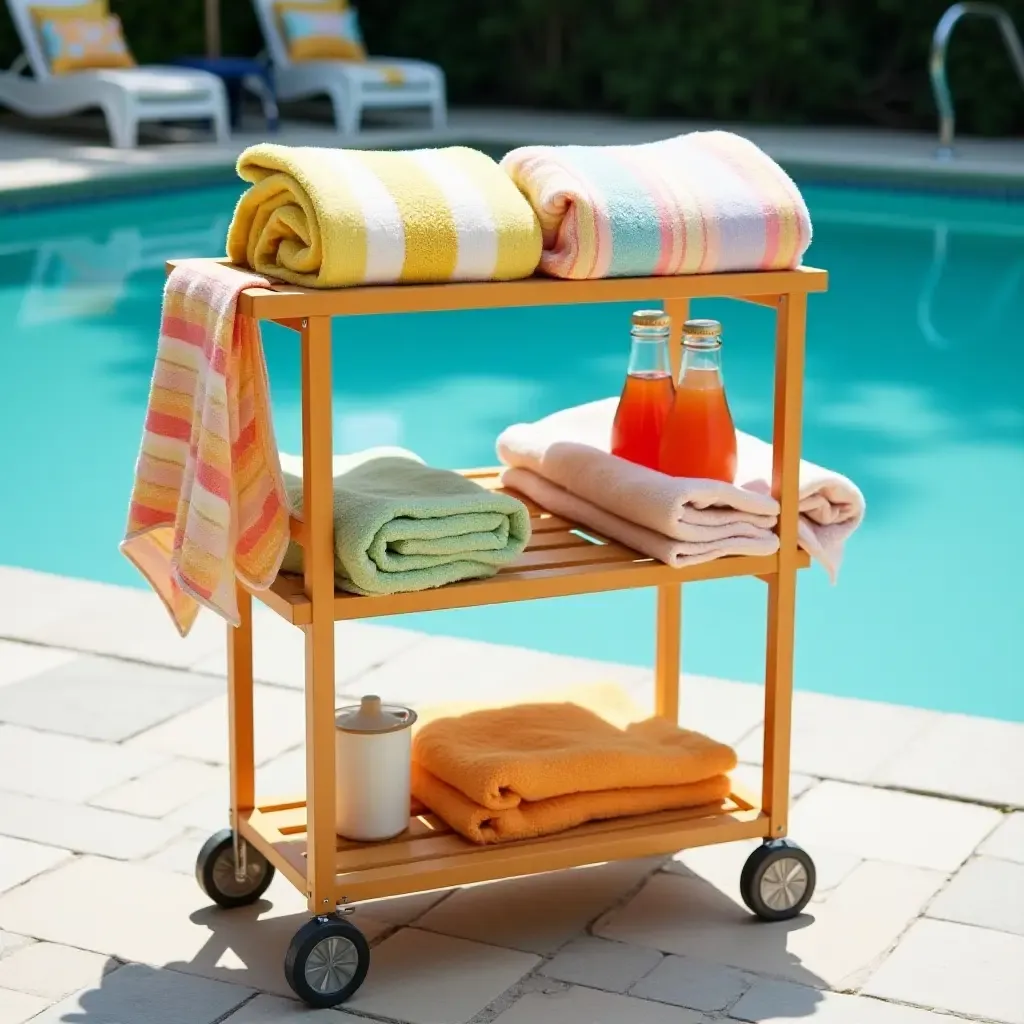 a photo of a colorful poolside cart for towels and drinks