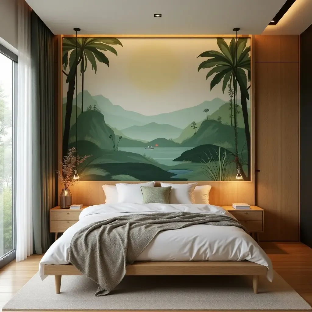 a photo of a serene bedroom featuring a nature-inspired mural and wooden accents