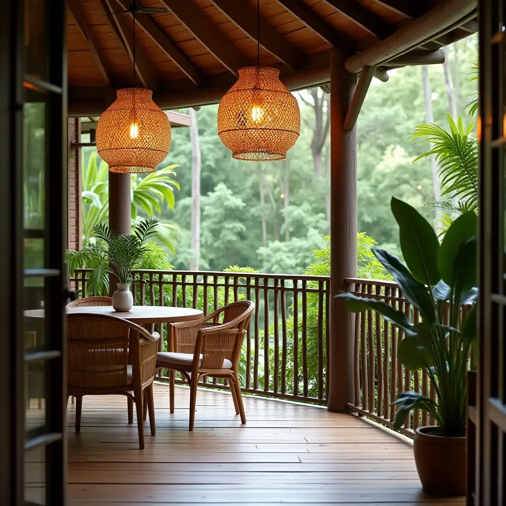 a photo of a tropical balcony featuring bamboo pendant lamps