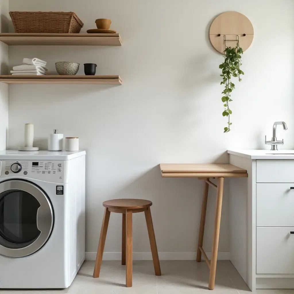 a photo of a laundry room with a chic wall-mounted folding table