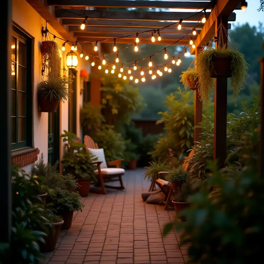 a photo of a cozy patio with hanging plants and fairy lights