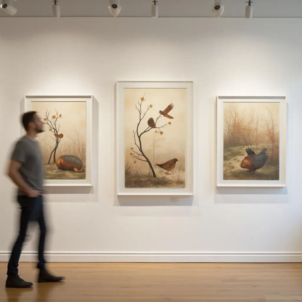 a photo of a gallery wall featuring a rotating display of seasonal art