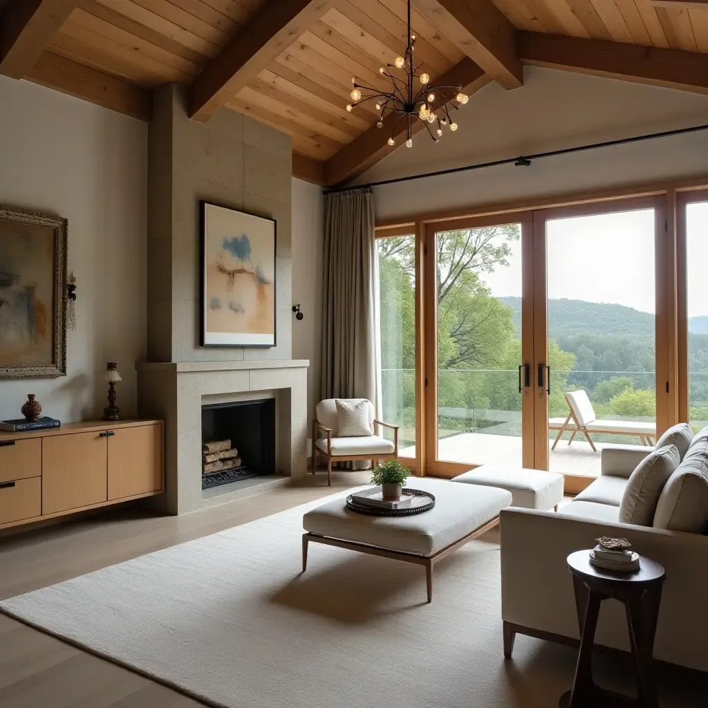 a photo of a luxurious master bedroom with a sitting area and fireplace