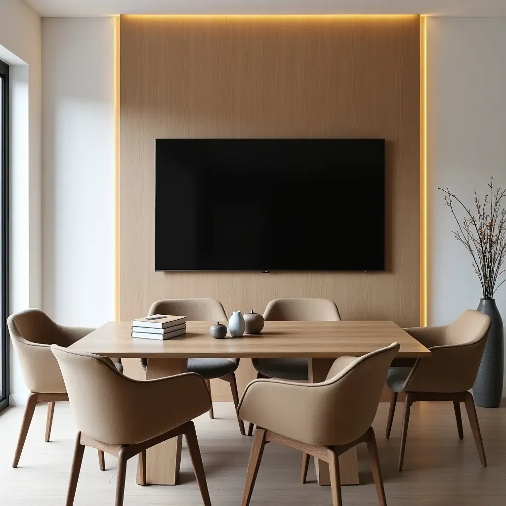 a photo of a Scandinavian dining area with a TV mounted on a wooden feature wall