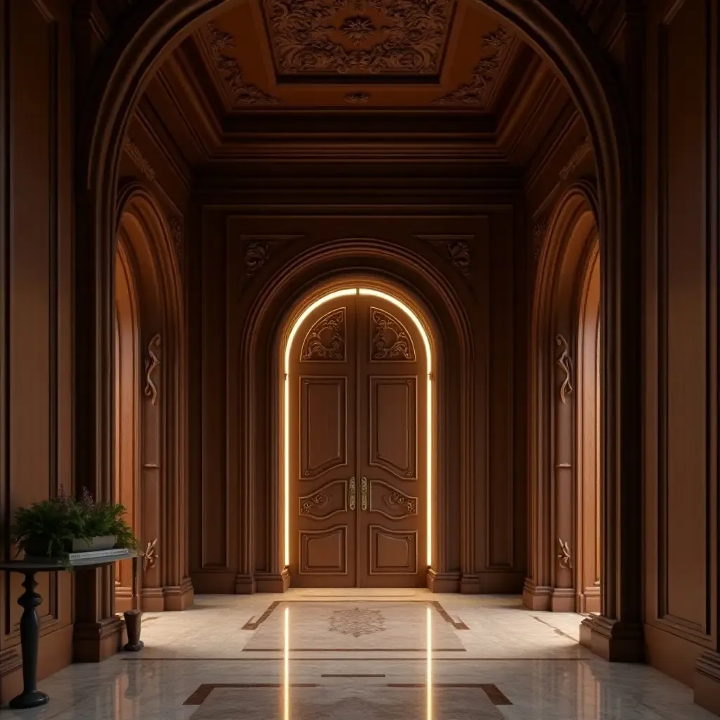 a photo of an entrance hall showcasing intricate woodwork and carvings