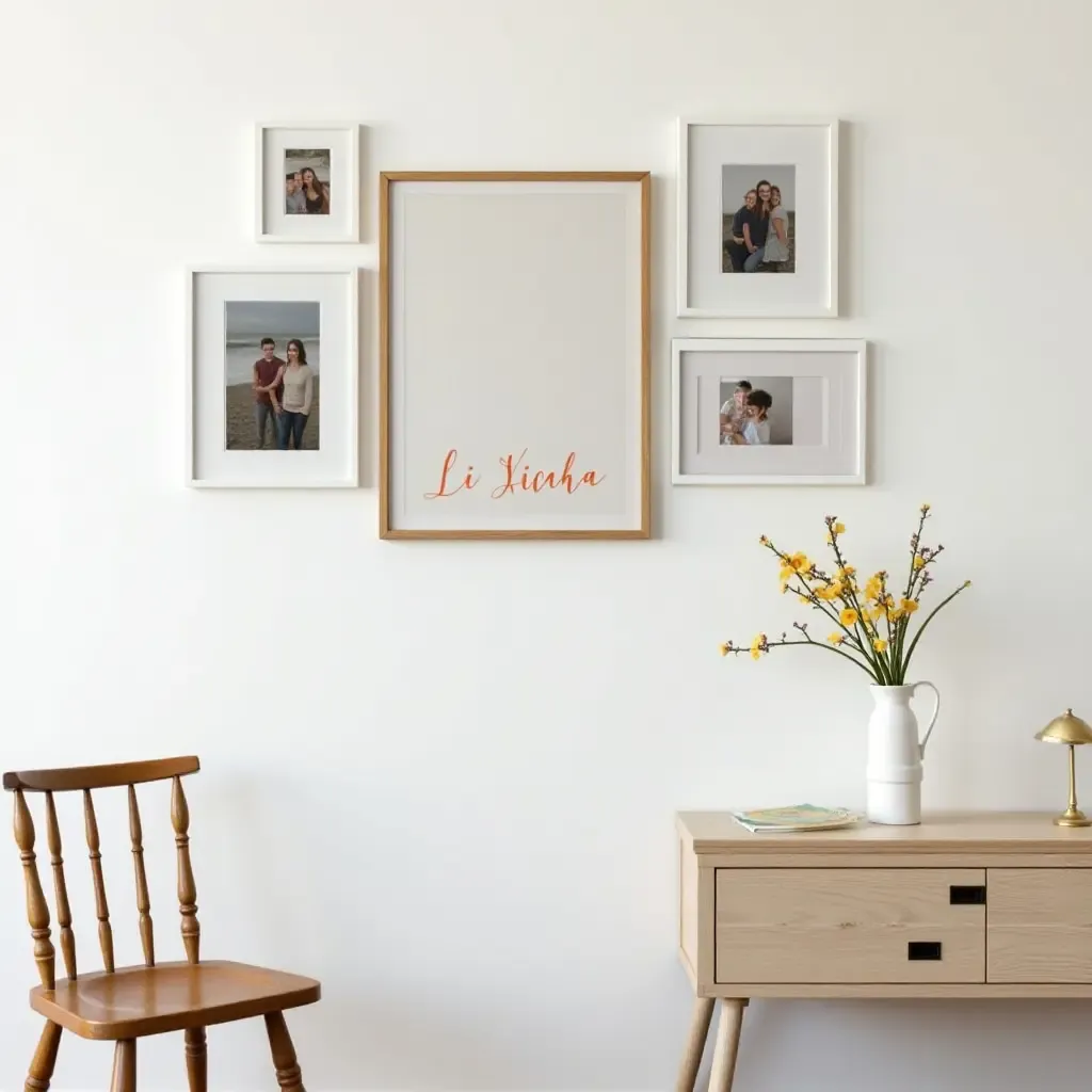 a photo of a gallery wall with personalized name art and photographs