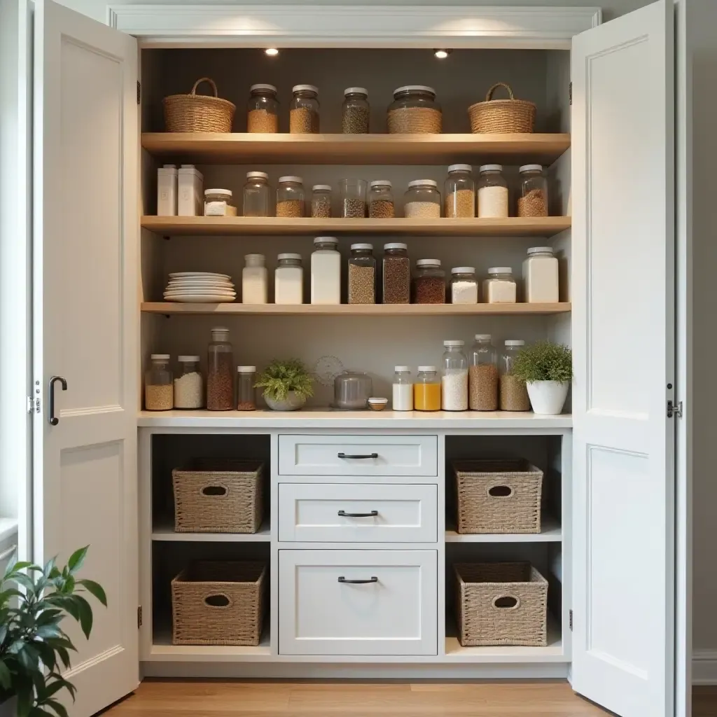 a photo of a pantry using vertical space with stacked containers and shelves