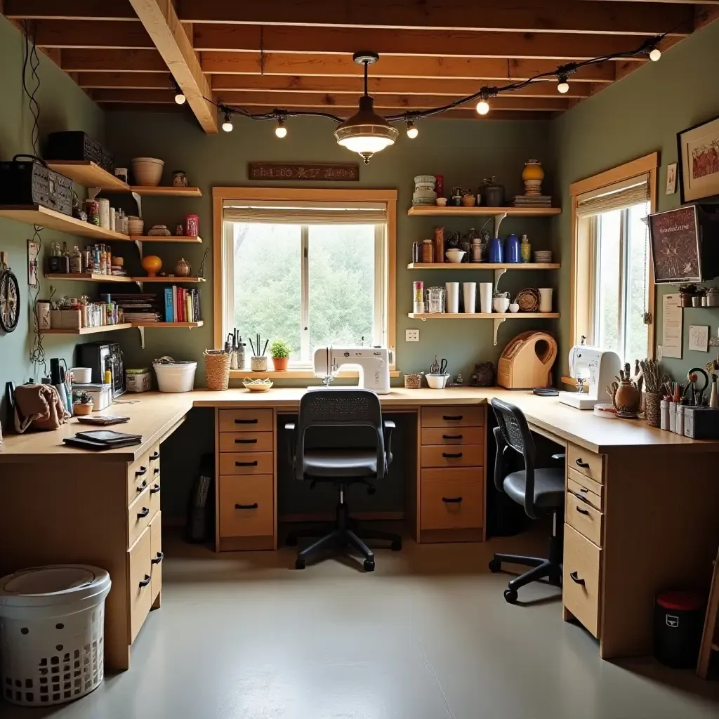 a photo of a basement sewing room with organized materials and adaptable layouts