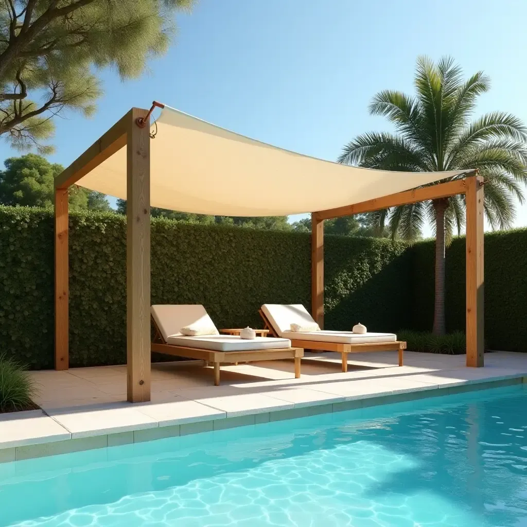 a photo of a wooden sunshade with flowing fabric by the pool