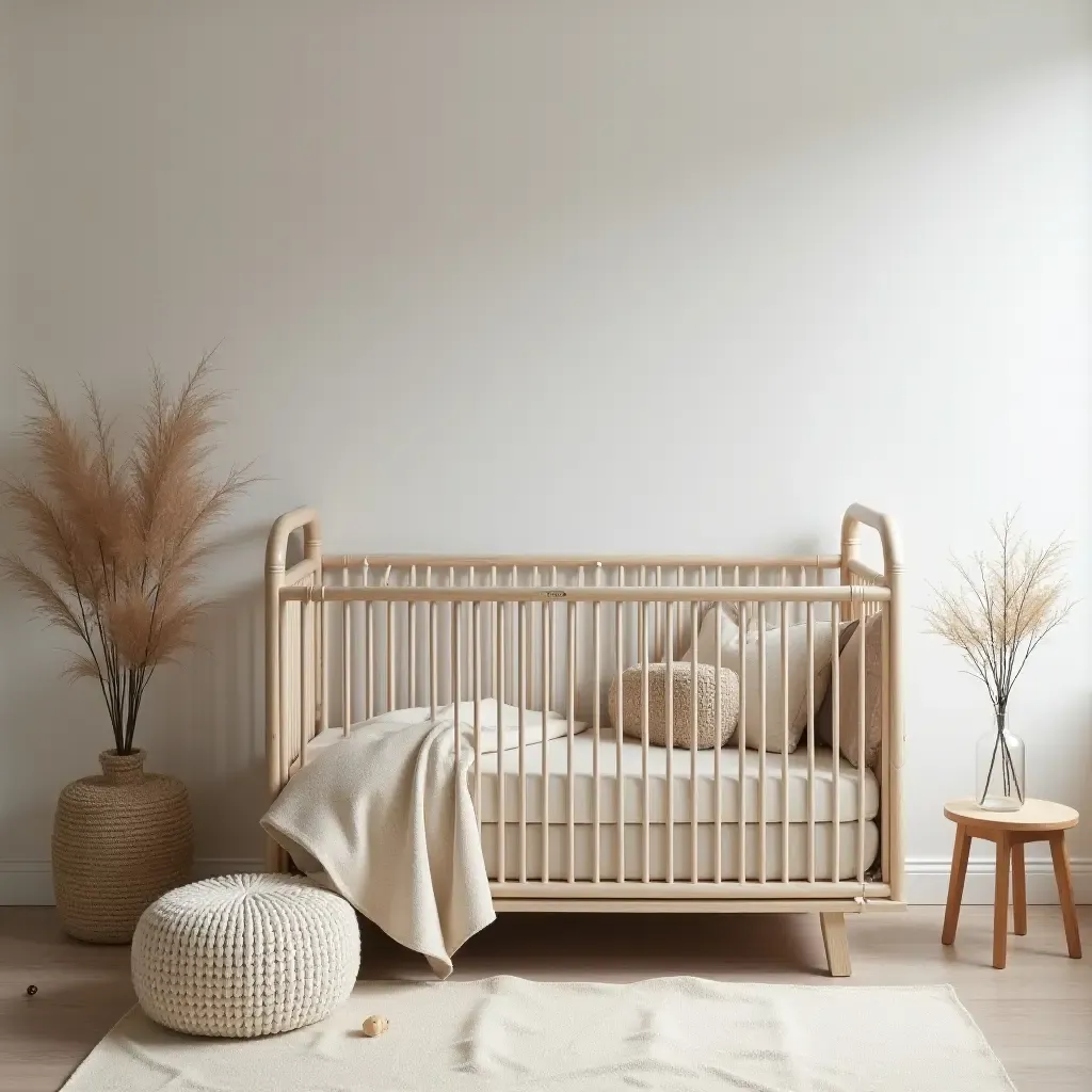 a photo of a contemporary nursery blending fabric, wood, and metal seamlessly