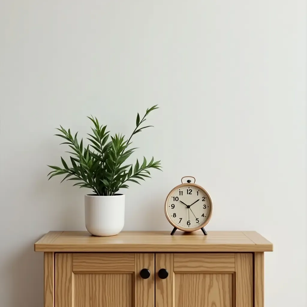 a photo of a wooden side table with a plant and clock