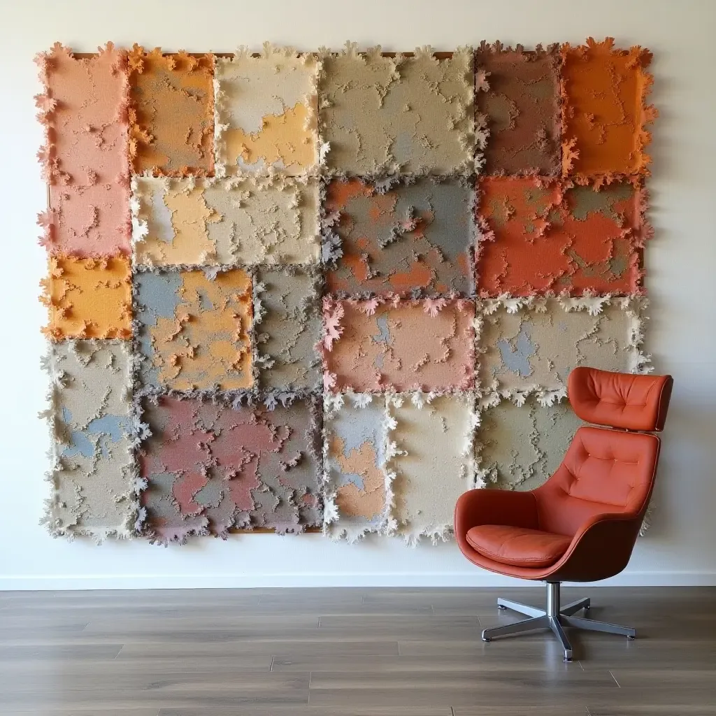 a photo of a wall featuring a creative use of fabric scraps for a textured art piece