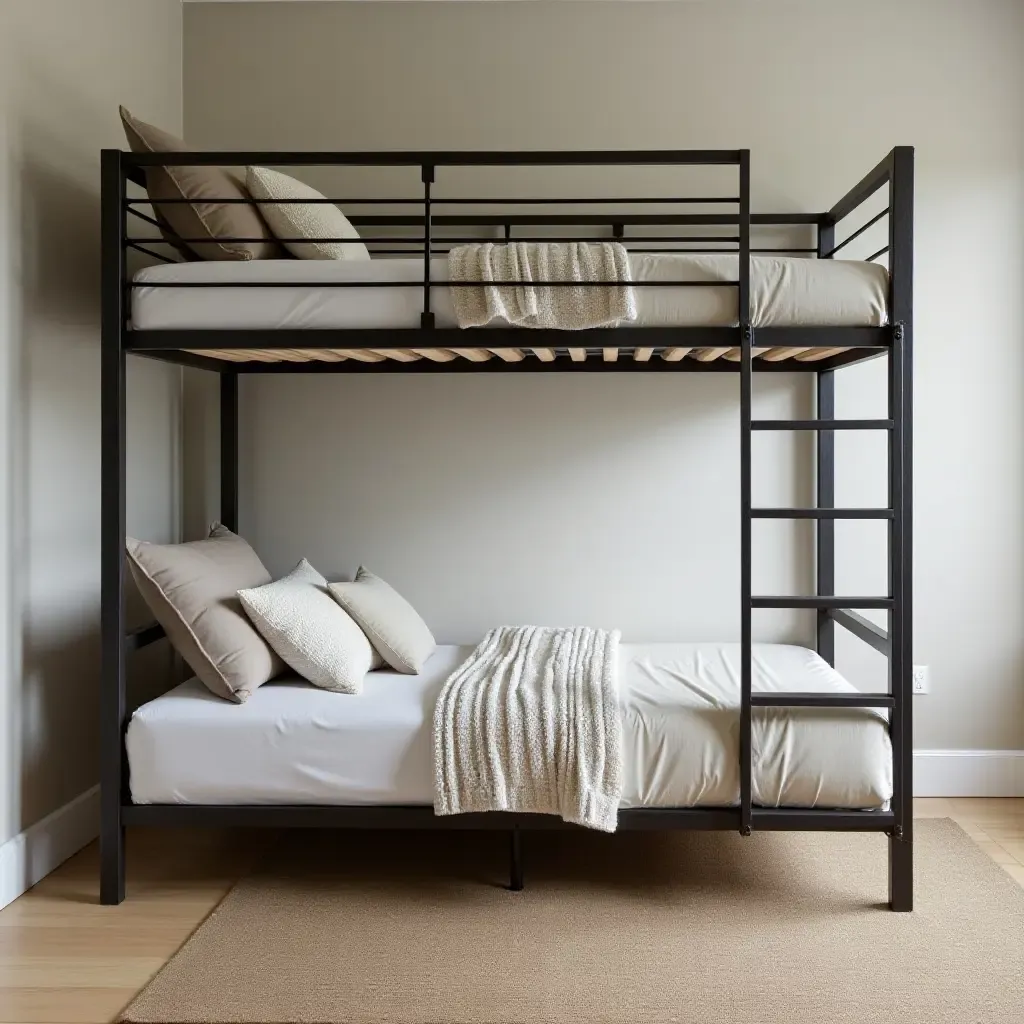 a photo of a loft bed with a modern industrial design and metal accents