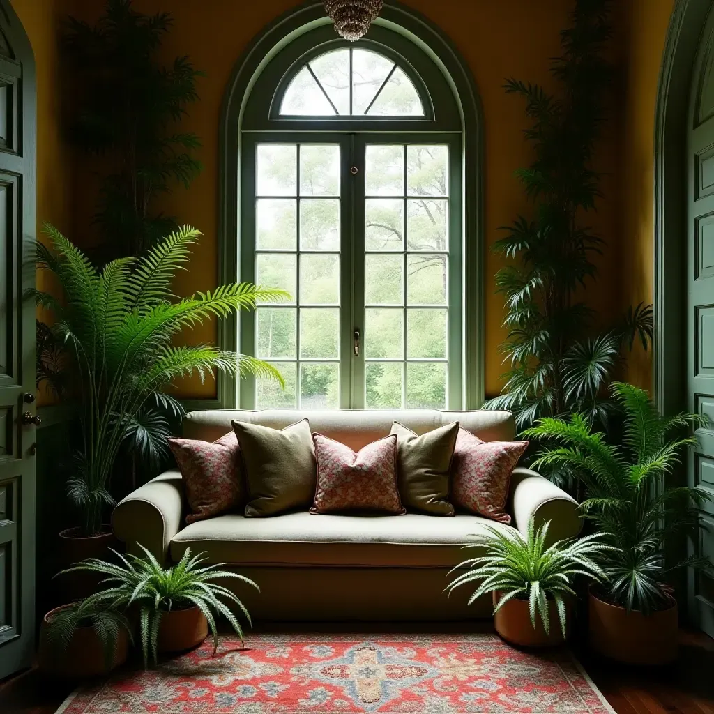 a photo of a reading nook surrounded by ferns