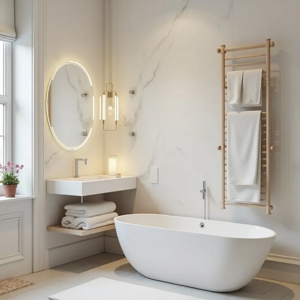 a photo of a bathroom with a creative towel rack design