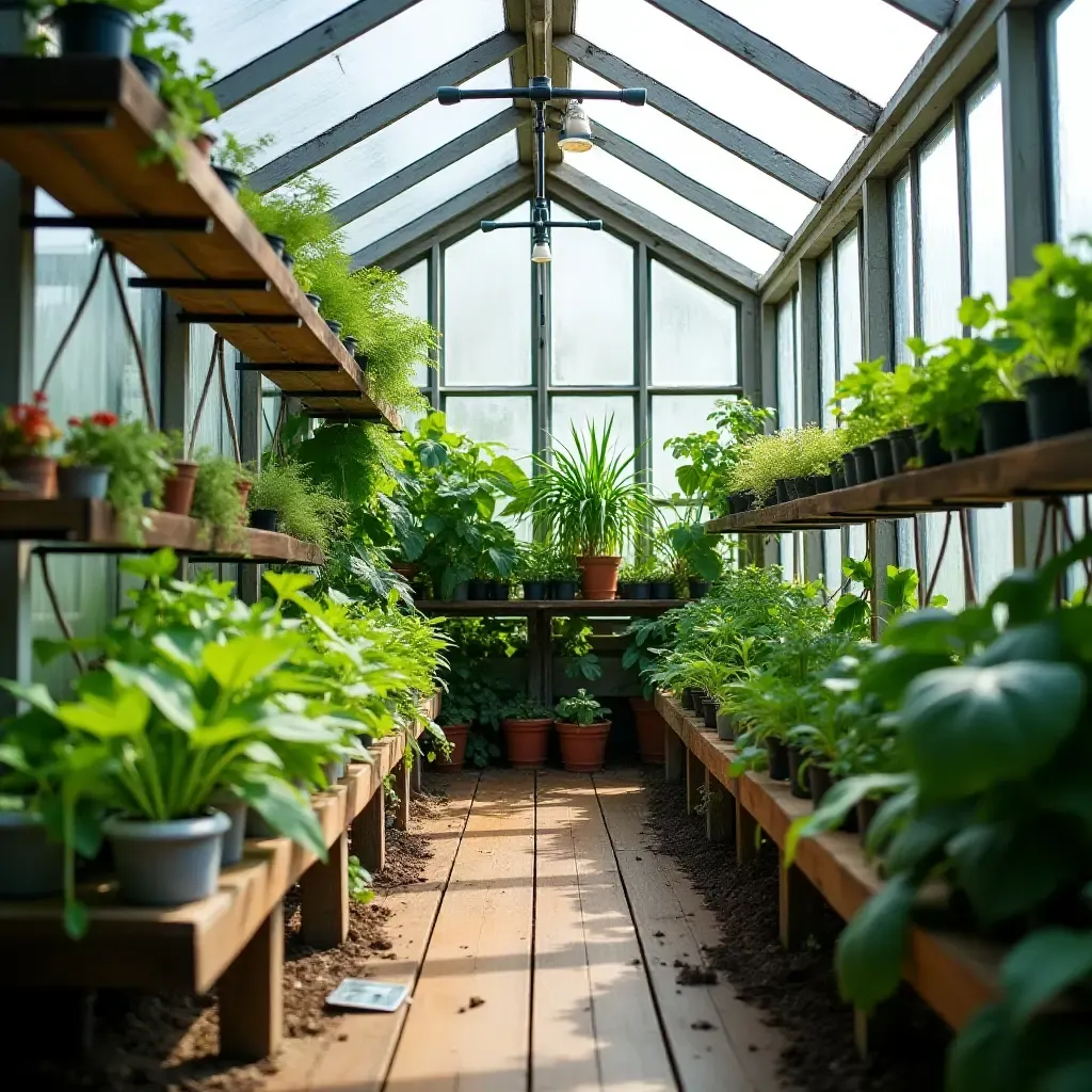 a photo of a basement greenhouse with vertical gardening and smart irrigation