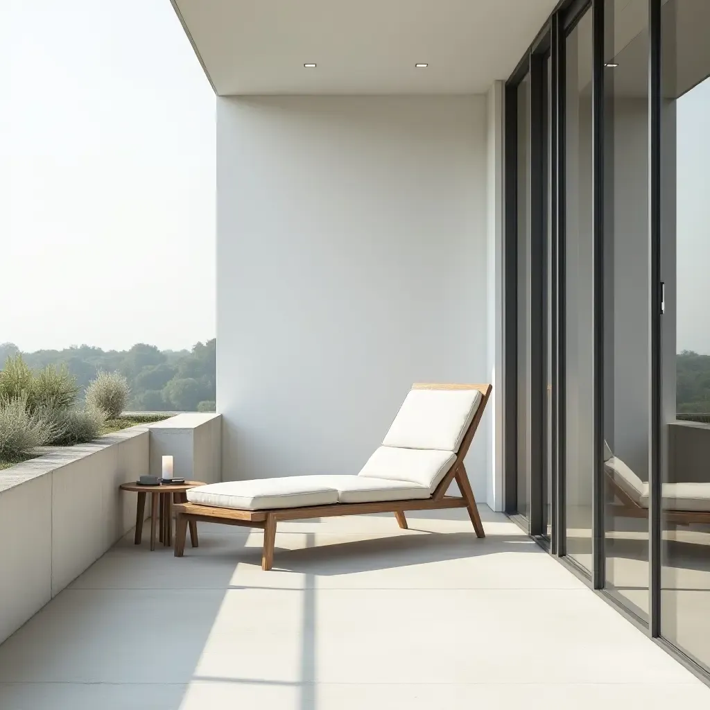 a photo of a minimalist balcony with a sleek lounge chair and a side table