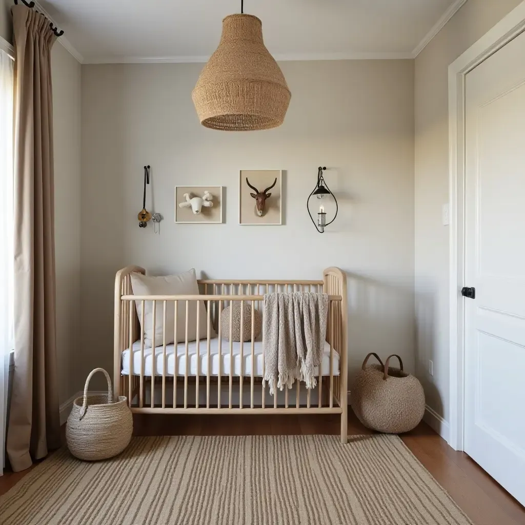 a photo of a rustic nursery featuring metal fixtures and cozy fabric elements