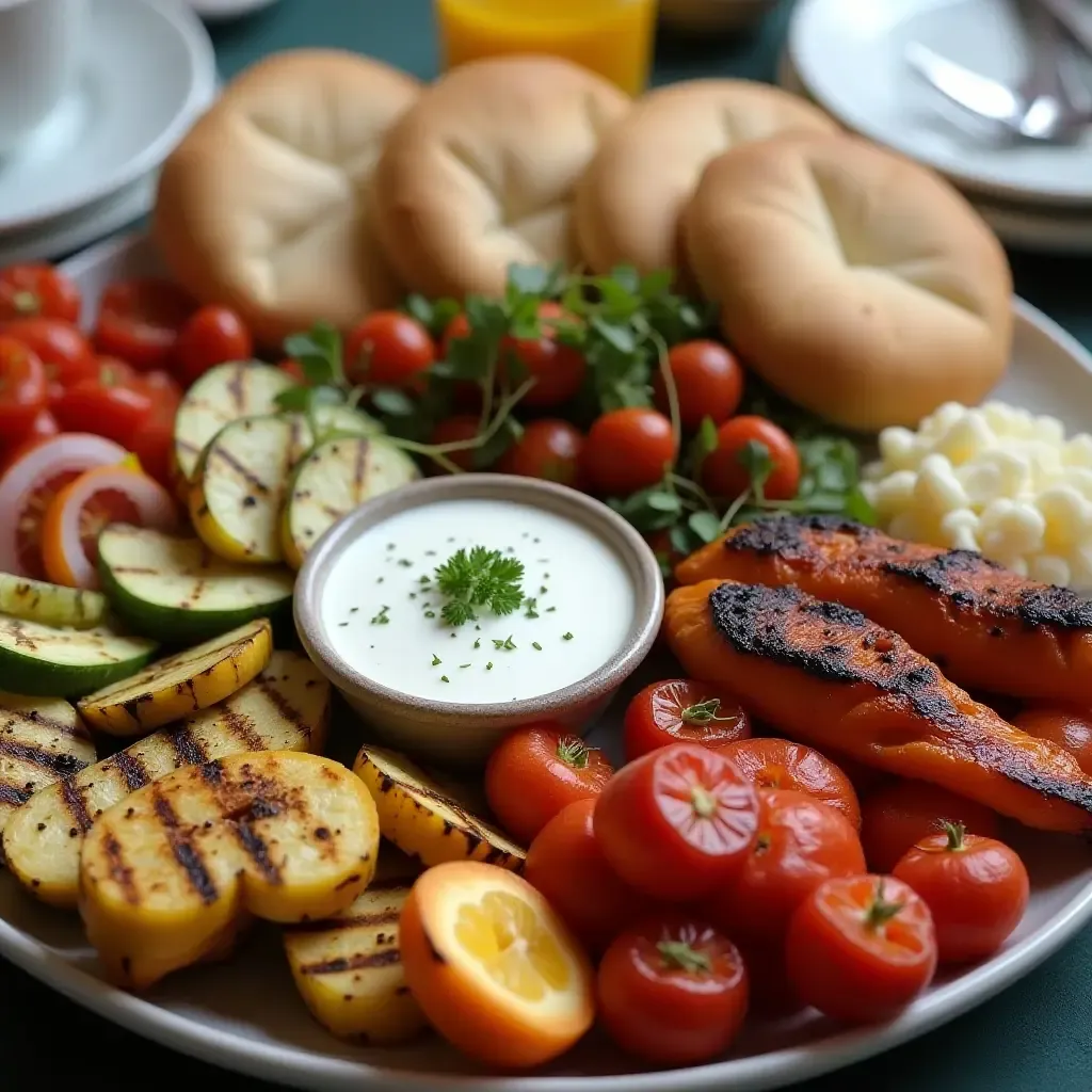 a photo of a Greek breakfast platter with pita bread, tzatziki, and grilled vegetables, beautifully arranged.