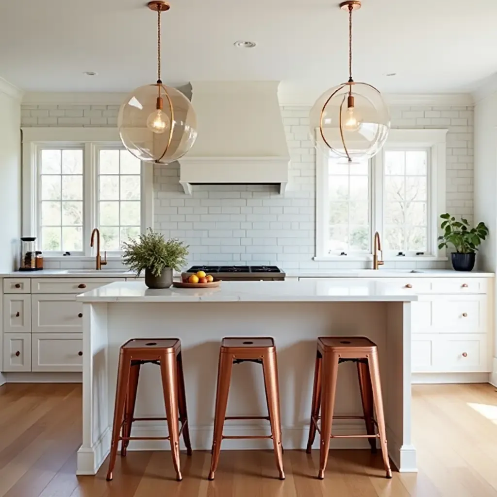 a photo of a bright kitchen with copper bar stools