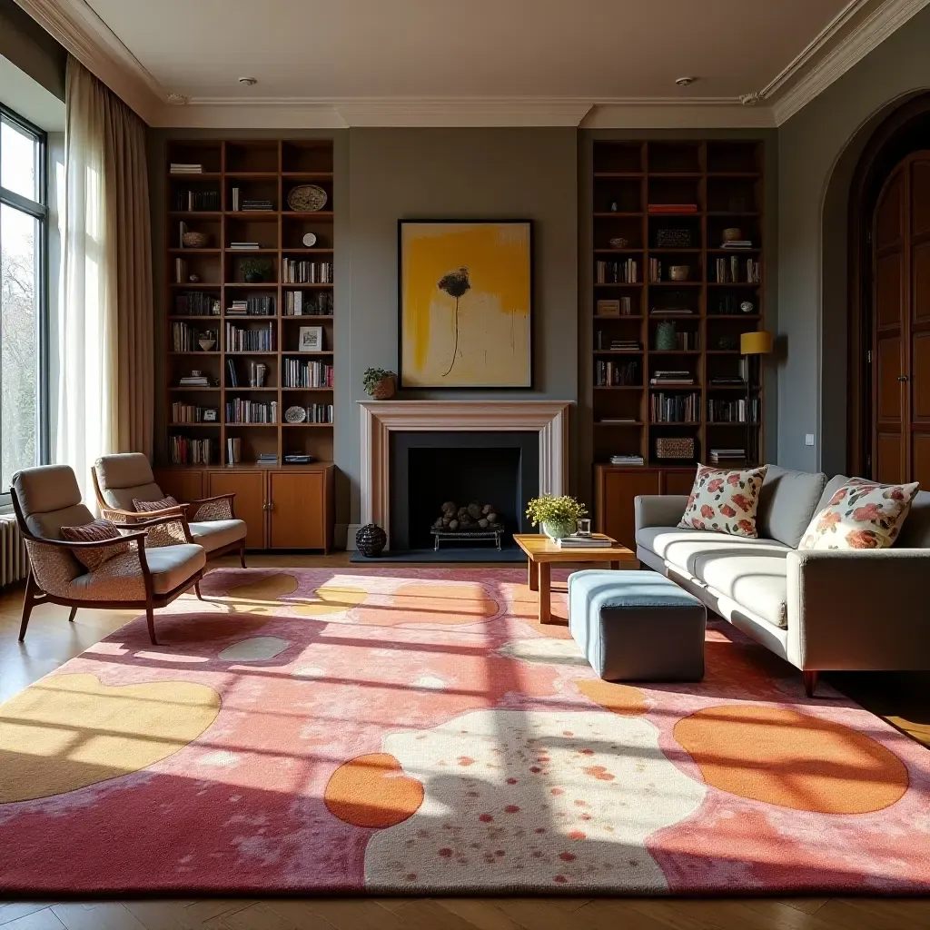 a photo of an oversized rug with a bold print in a spacious library